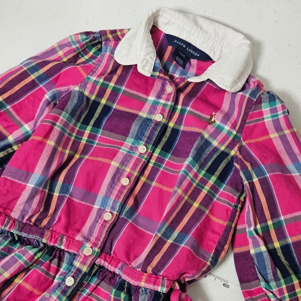 Ralph Lauren Dress Girls 2T Pink Tartan Plaid Peplum Long Sleeve Preppy Classic